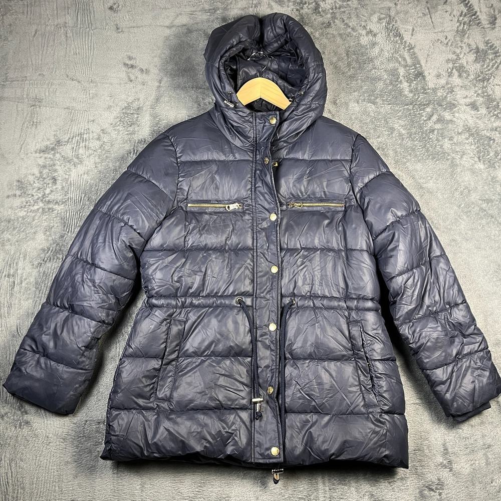 Jessica Simpson Puffer Jacket Womens Medium Blue Hooded Full Zip Drawcord Waist